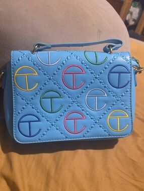 Telfar Light Blue Quilted Crossbody with Multicolor Logos